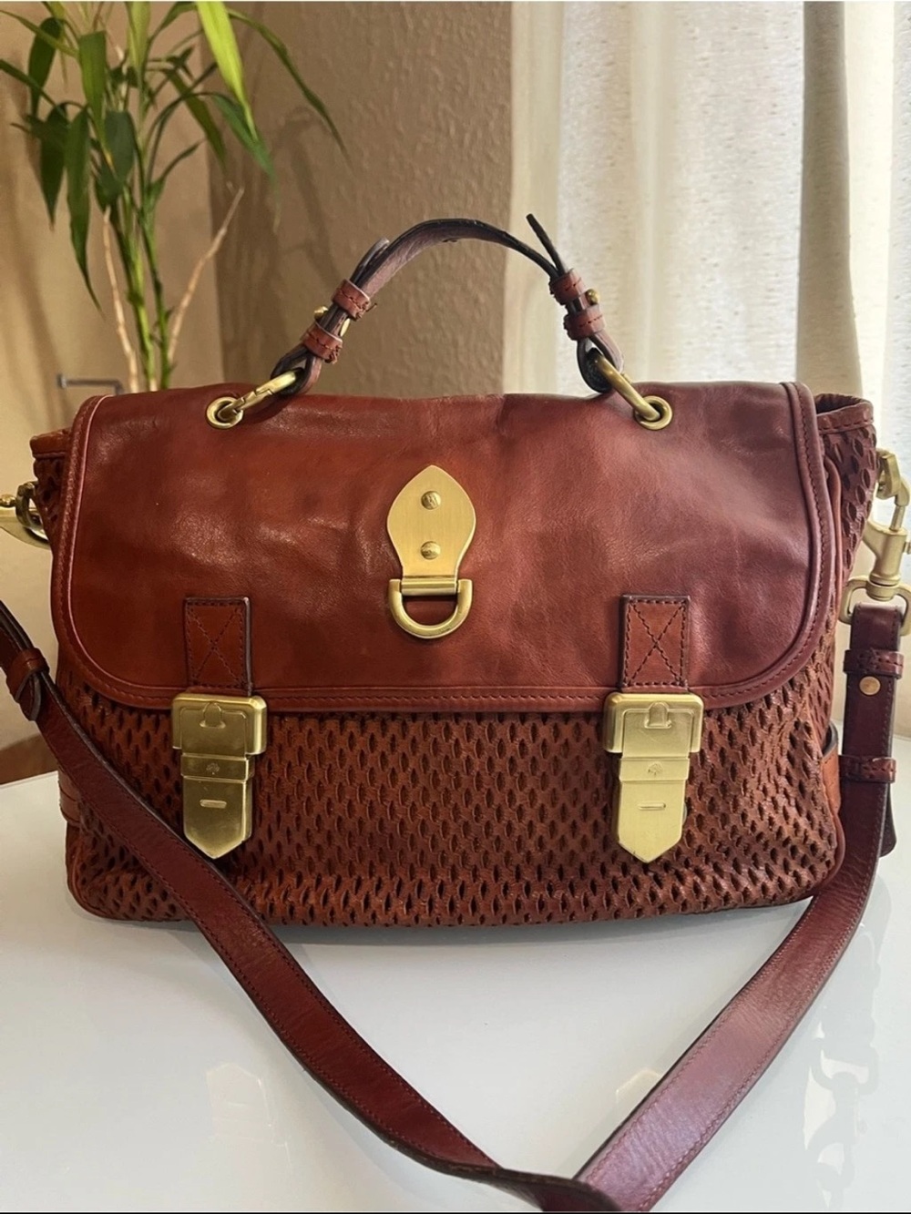 Mulberry Brown Leather Satchel with Woven Front and Gold Hardware